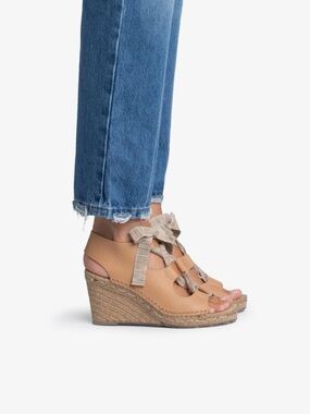 New Pedro Garcia Otelia Espadrille Wedge Sandal Camel Pebble Leather Sz 9